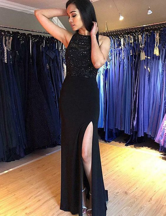 Popular Sheath Jewel Sleeveless Black Evening Dress with Split Beading Prom Dress cg12718