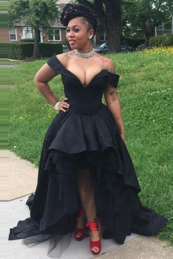 Sexy Black Off the Shoulder V Neck High Low Prom Dresses,Party Graduation Gowns cg12735