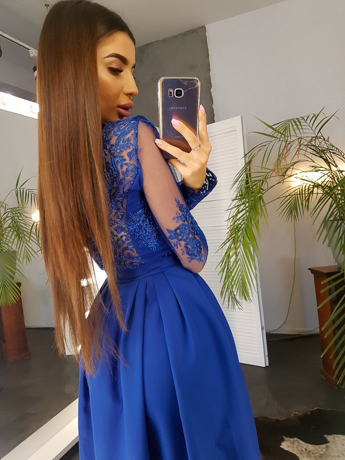 Long Sleeves Prom Dresses Slit Chiffon A-line Floor Length Evening Gowns Appliques Lace Party Formal Dresses cg12748