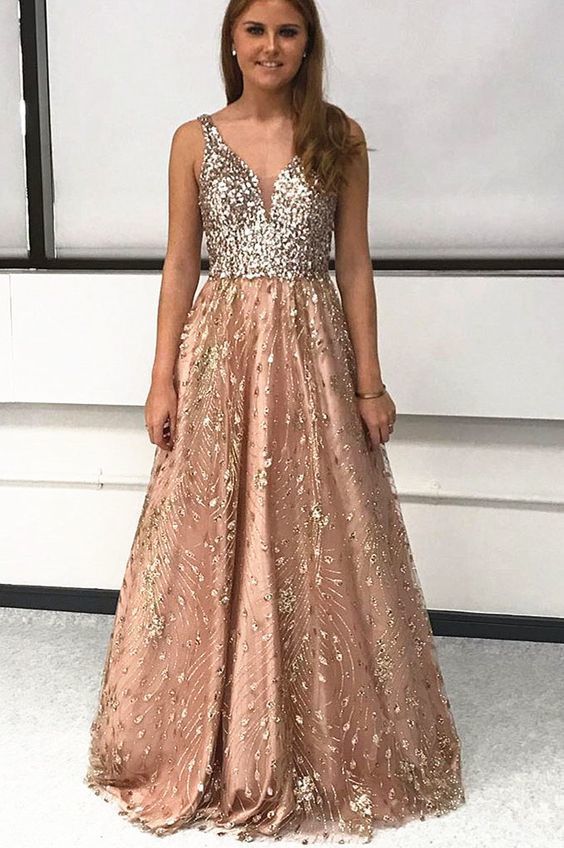 A-Line Gold Tulle Long Prom Dress with Sequins cg12754