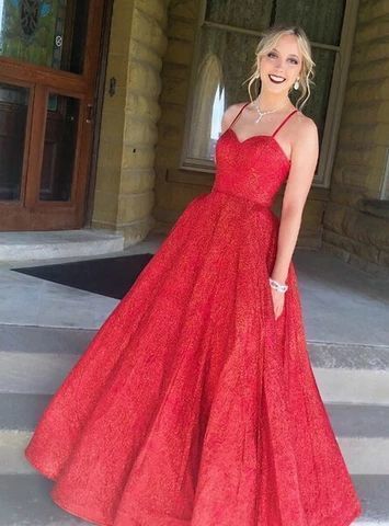 Ball Gown Spaghetti Straps Long Sexy Red Sequins Prom Dress cg12787