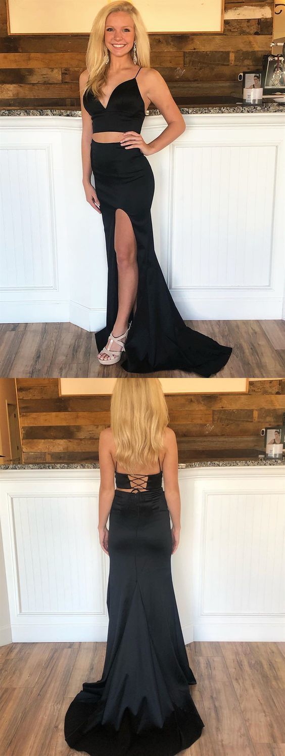 A Line V Neck 2 Pieces Black Prom Dresses cg12789