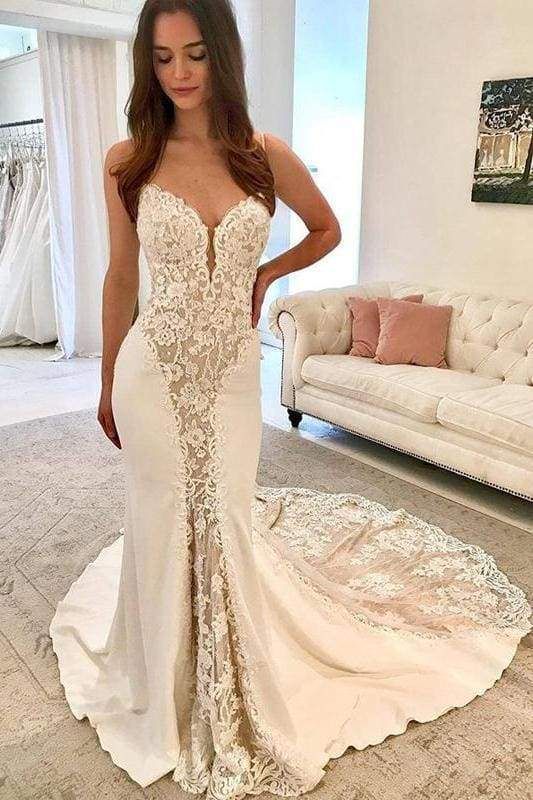 Ivory Satin Gorgeous Lace Spaghetti Strap Vintage Mermaid Wedding prom Dress cg12795