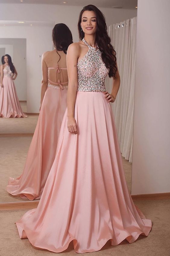 halter pink satin long evening prom dress with sparkles cg12819