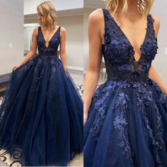 Navy Blue Tulle Evening Dresses with 3D Flower Beads Lace Plus Size prom dress cg12821