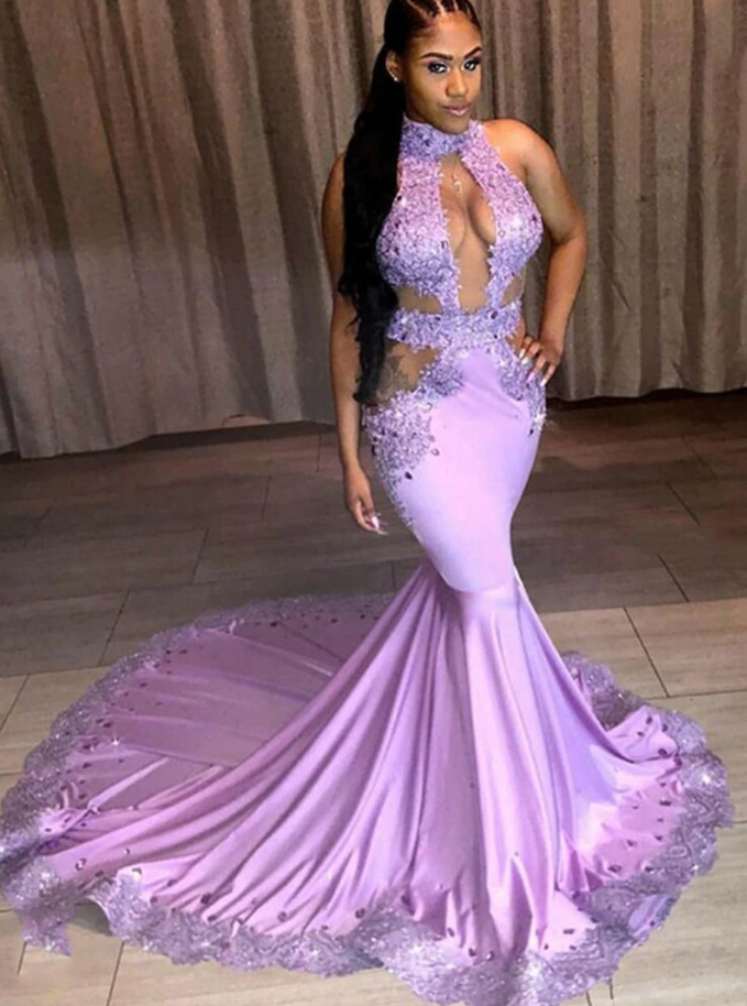 Purple Mermaid Satin Cut Out Appliques Beading Prom Dress cg12823
