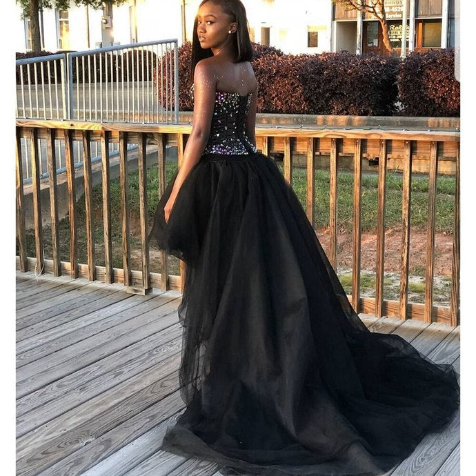 Black Ball Gown Tulle Sweetheart Hi Lo Crystal Prom Dress cg12824