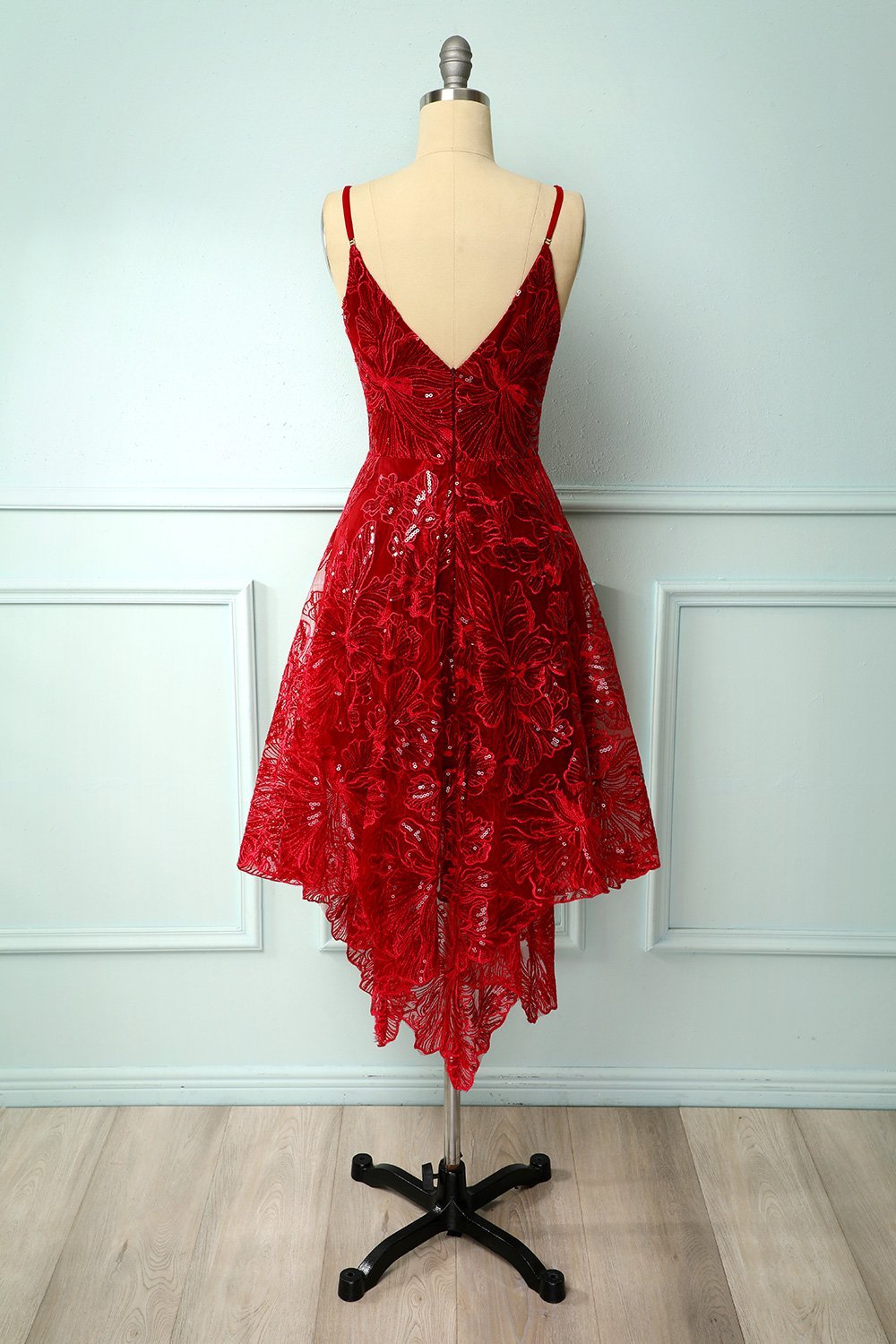 Burgundy v neck lace high low prom dress lace formal dress cg12836