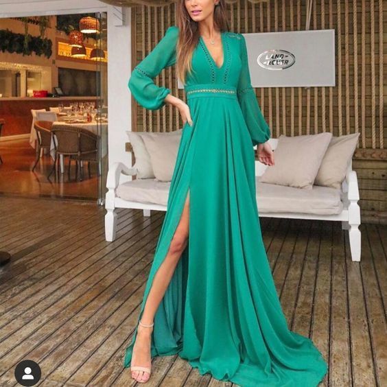 deep v neck long sleeve side slit a line chiffon floor length prom dress cg12847