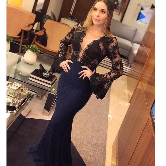 black prom dresses deep v neck long sleeve lace mermaid evening dresses black party dresses cg12849