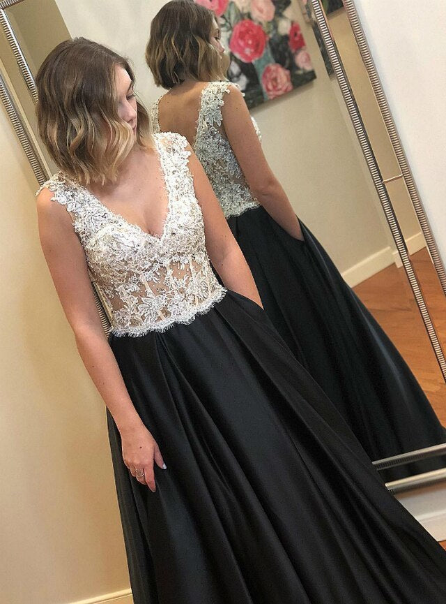 Black Satin White Lace Deep V-neck Beading Prom Dress cg12854