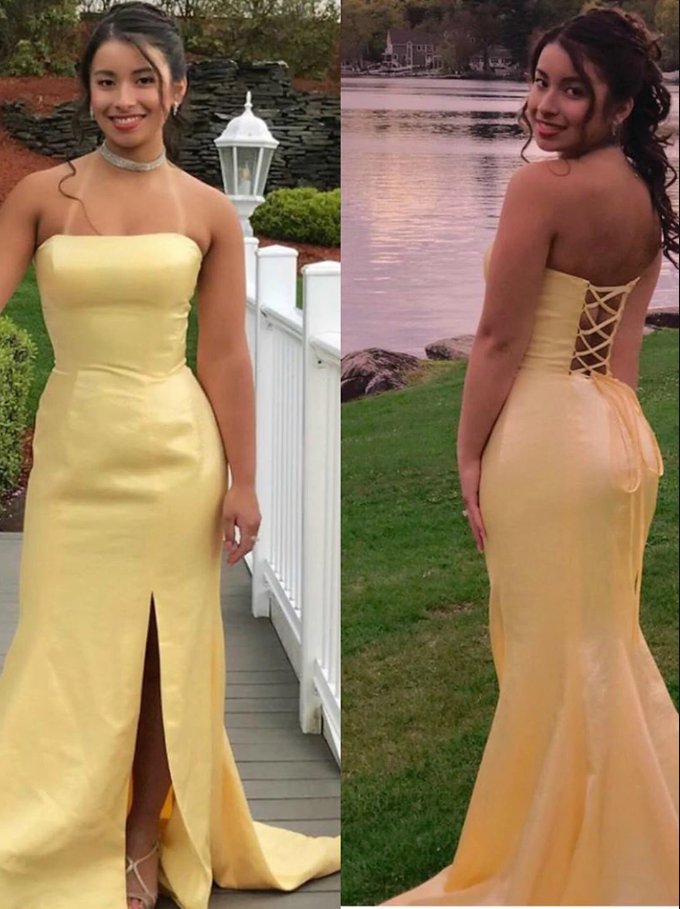 Yellow Mermaid Satin Strapless Prom Dress With Cross Back cg12856