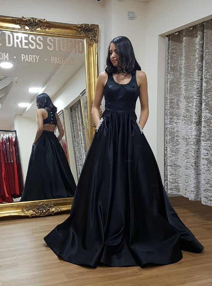 A-Line Black Satin Open Back Prom Dress With Pocket cg12860