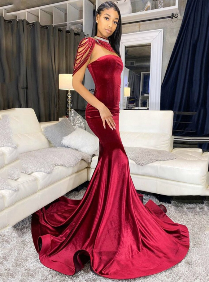 Burgundy Mermaid Strapless Velvet Long Prom Dress cg12866