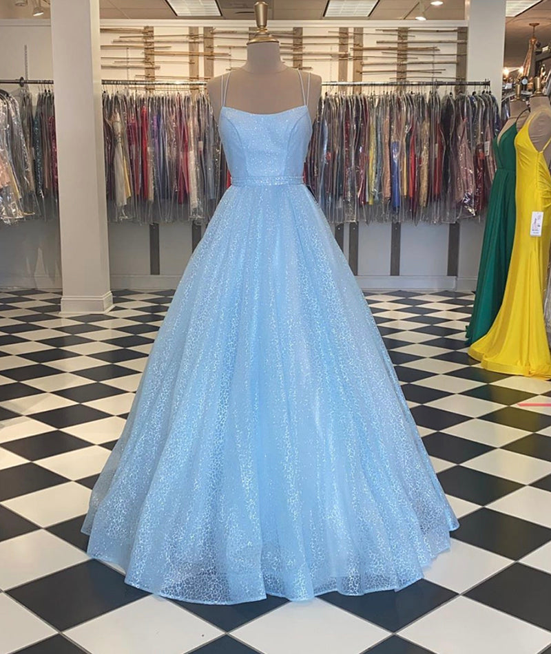 BLUE TULLE SEQUINS LONG PROM DRESS EVENING DRESS cg12875