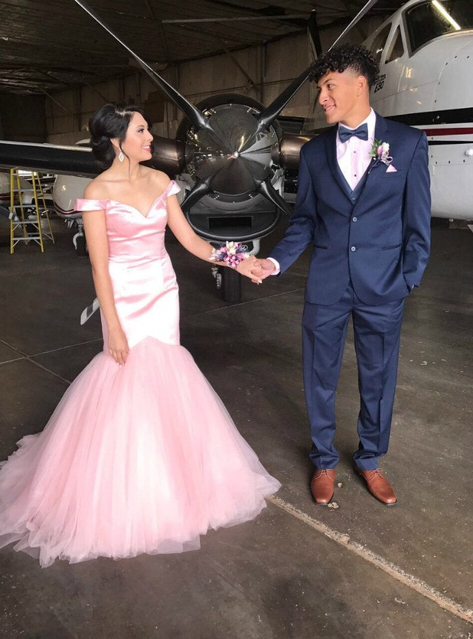 Pink Mermaid Tulle Satin Off The Shoulder Long Prom Dress cg12885