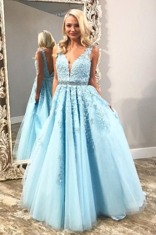 Light Sky Blue V Neck Tulle Prom Dress with Lace Appliques, Long Formal Dress with Beads cg12893