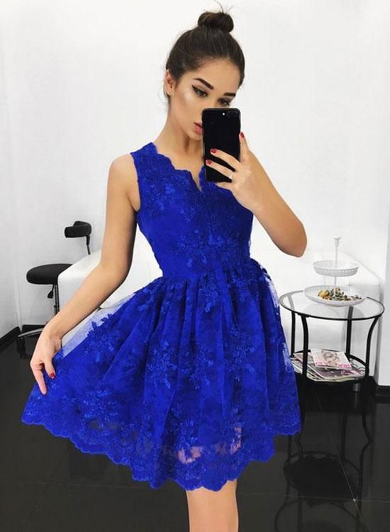 A-Line V-Neck Above-Knee Royal Blue Homecoming Dress with Appliques cg12897