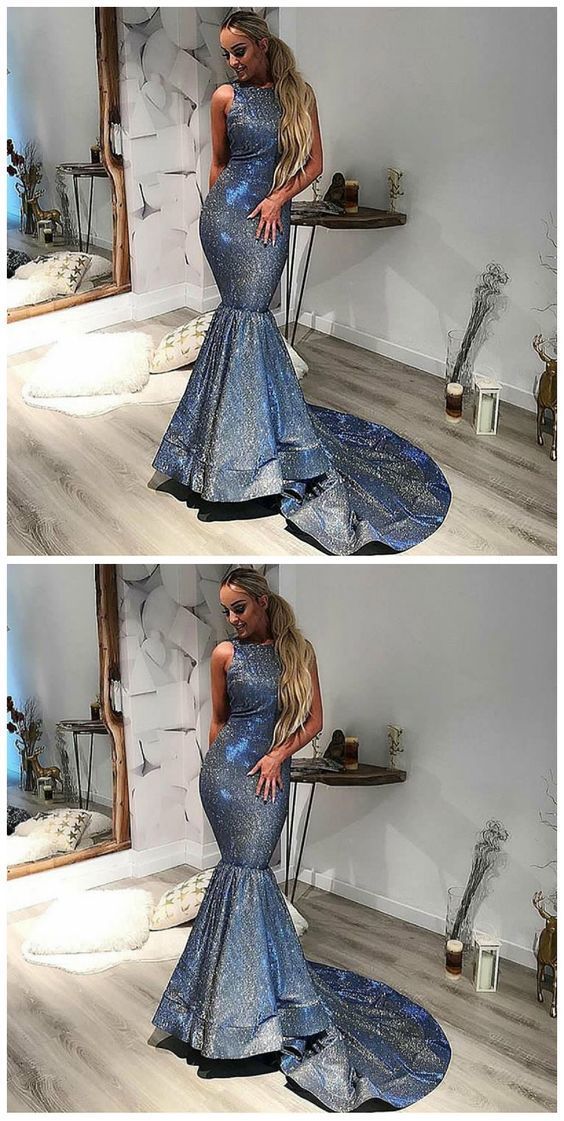 Mermaid Round Neck Sweep Train Dark Blue Sequined Prom Dress cg12908