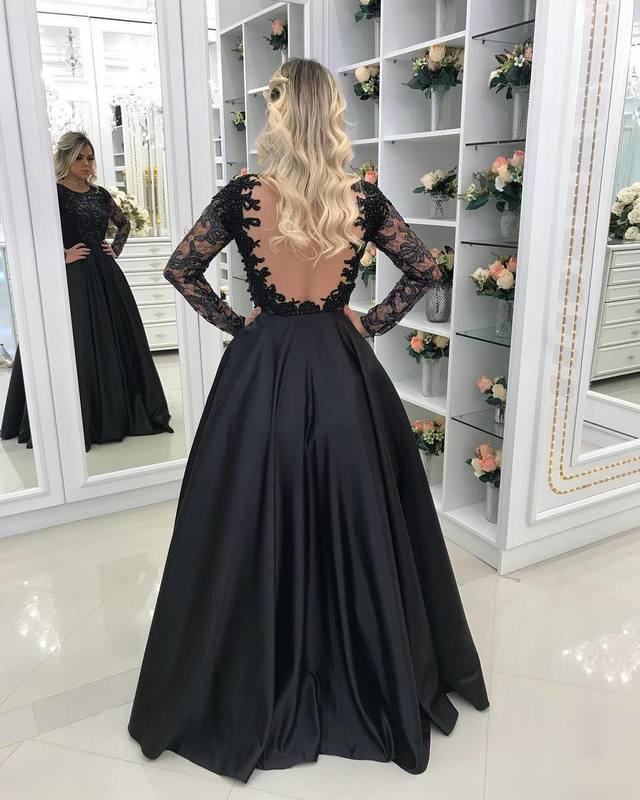 Sheer Back Black Satin Appliques Evening prom Dress With Long Sleeves, cg12917