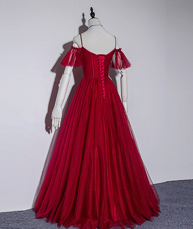 BURGUNDY TULLE LONG PROM DRESS EVENING DRESS cg12932