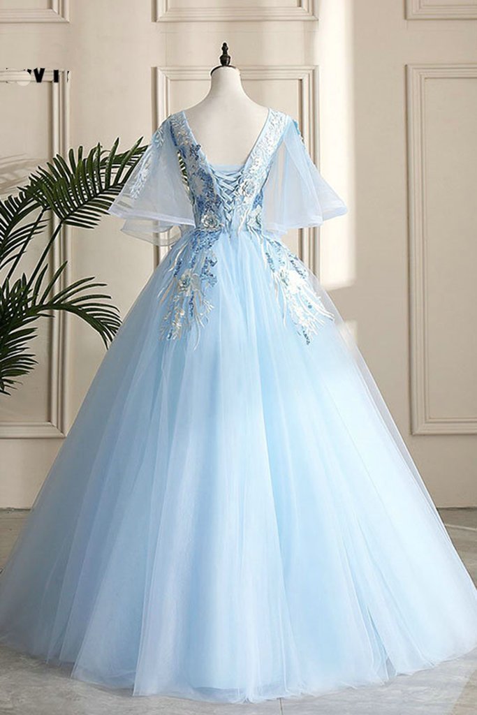 Floor Length Blue Evening Party Dress School V-neck Lace Flowers Lace-up Back Fashionable Prom dress cg12942