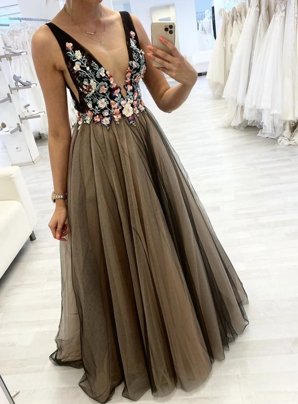 Black v neck tulle applique prom dress evening dress cg12961