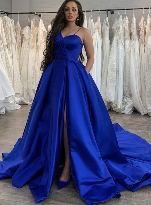 Simple blue satin long prom dress blue evening dress cg12965