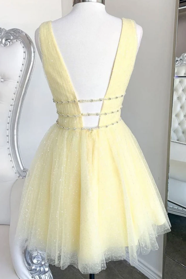 YELLOW V NECK TULLE SEQUIN SHORT Homecoming Dress cg12966
