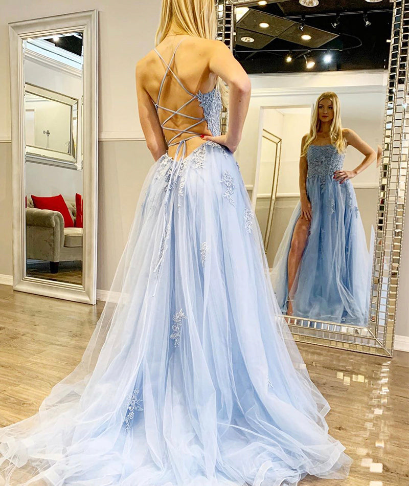 BLUE SPAGHETTI STRAPS LONG TULLE APPLIQUES PROM DRESSES cg12967