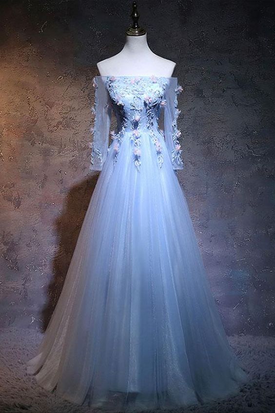 Spring blue tulle strapless long evening prom dress with sleeves cg13033