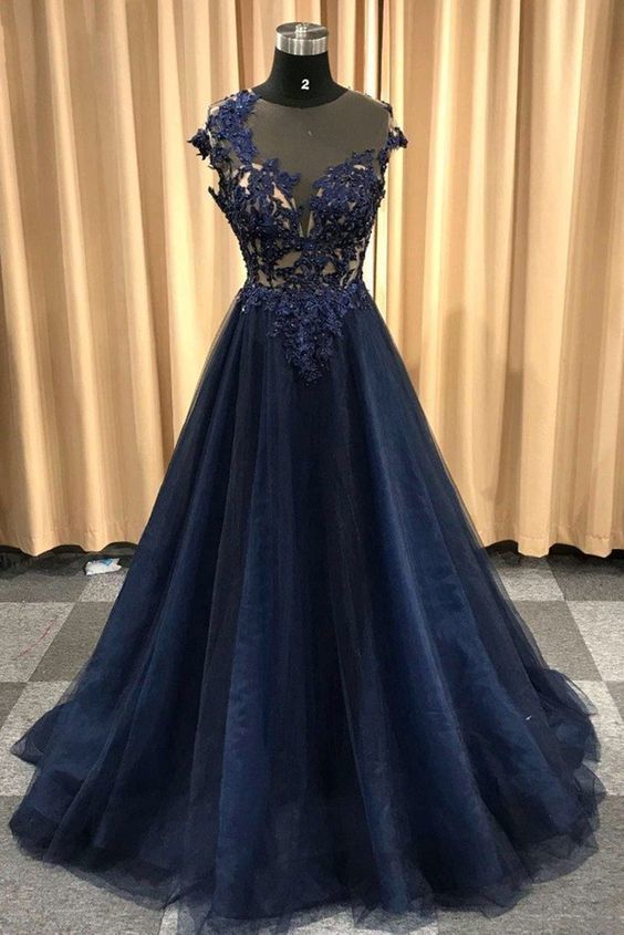 Navy Blue Round Neck Long Cap Sleeve Tulle Evening Dress, Prom Dress cg13034