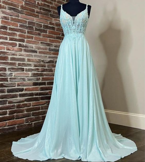 Spaghetti Long A-line Lace Chiffon Prom Dresses cg13040