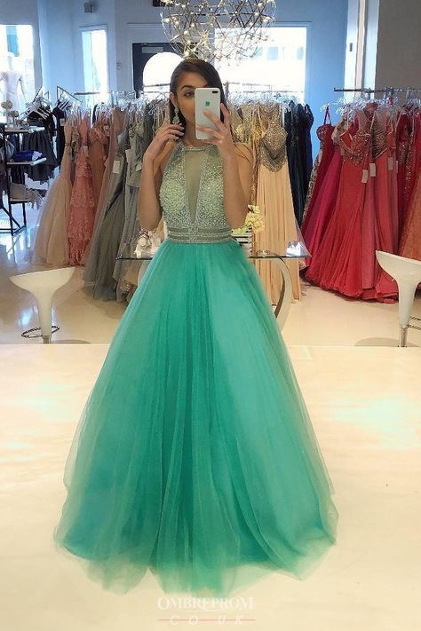 Green A Line Beaded Prom Dress Tulle Floor Length Formal Evening Dresses See Through Long Party Gowns cg13046