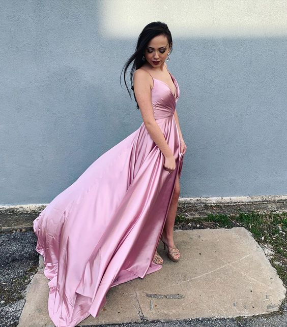 Elegant Straps A-Line Pink Long Prom Dress with Slit cg13051