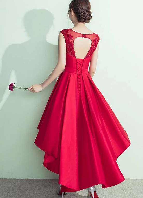 Lovely Satin High Low Round Neckline Party Dress, Red Homecoming Dress cg13074