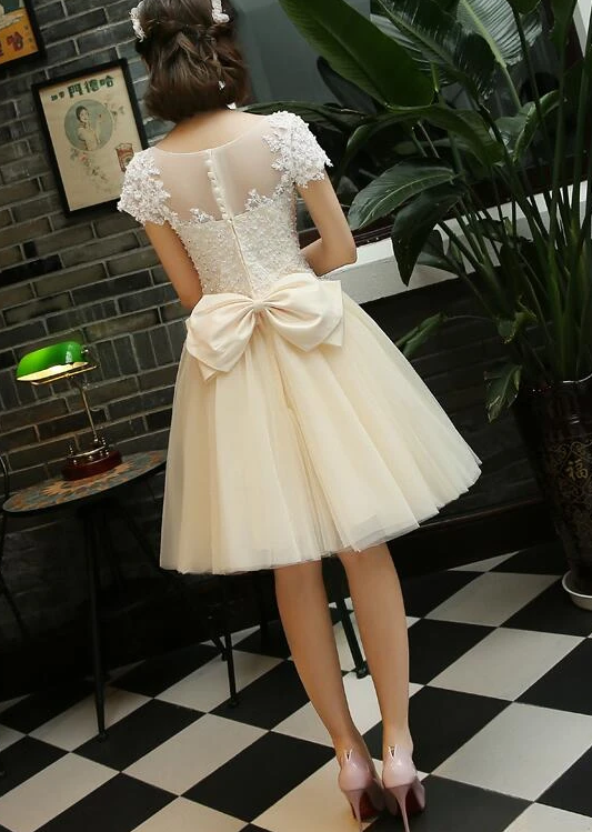 Light Champagne Tulle Short Party Dress, Lace Applique With Beadings Homecoming Dress cg13078