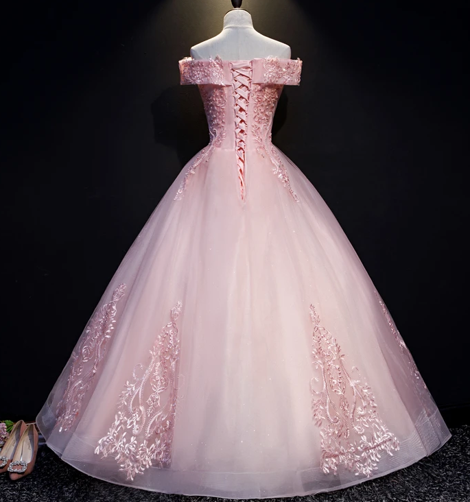 Pink Ball Gown Long Tulle Party Dress, Off Shoulder Prom Dress cg13082