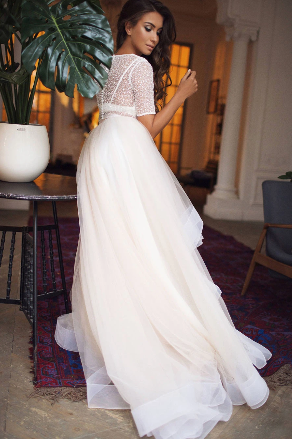 Beige two pieces tulle long prom dress beige formal dress cg13085