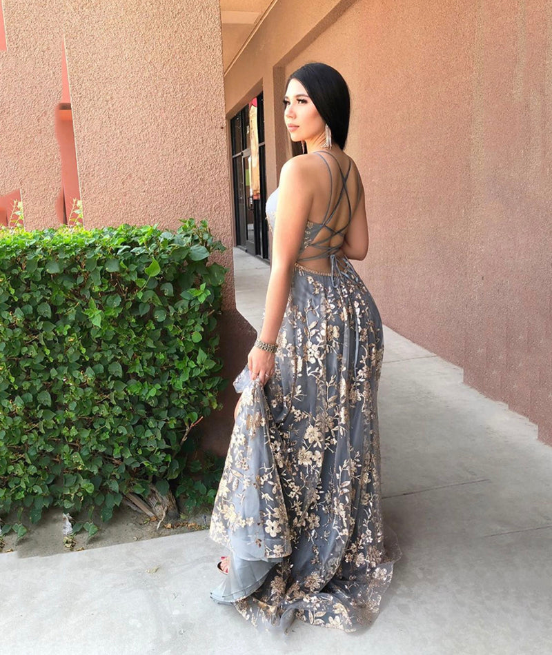 GRAY V NECK TULLE LONG PROM DRESS EVENING DRESS cg13088