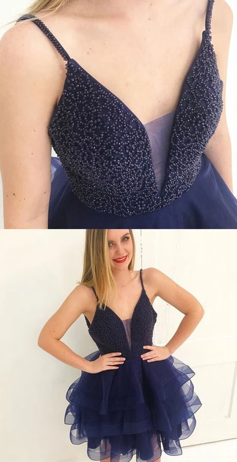 Navy Blue Formal Graduation Homecoming Dress with Beadings cg13093