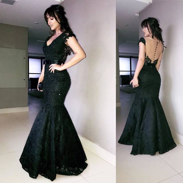 Sheer Back Mermaid Evening prom Dress with Cap Sleeves cg13097
