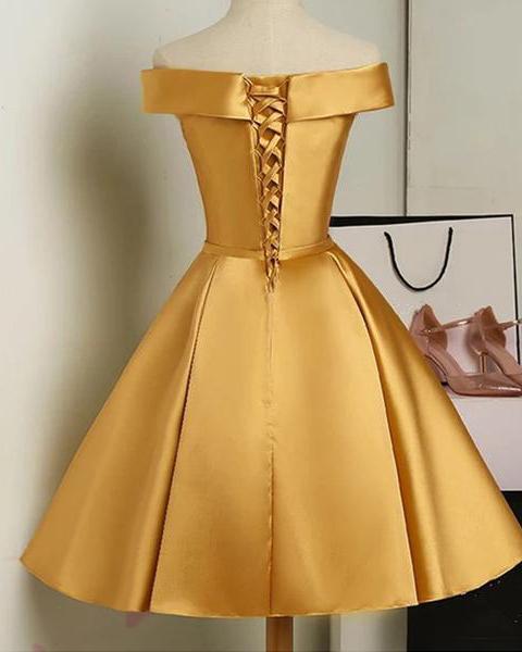 Cute Golden Satin Knee Length Off Shoulder Dress, Short Homecoming Dress cg13132