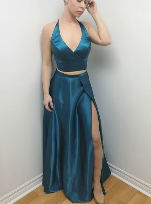 Sexy Evening Dress ,New Fashion,Sexy Evening prom Dress,V Neck Two Piece, Blue Satin Backless With High Slit cg13138