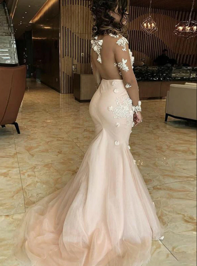 Pink Mermaid Tulle Illusion Long Sleeve Appliques Prom Dress cg13143