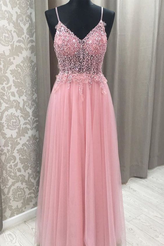Princess Pink Beaded Tulle Long Prom Dress With Open Back cg13158