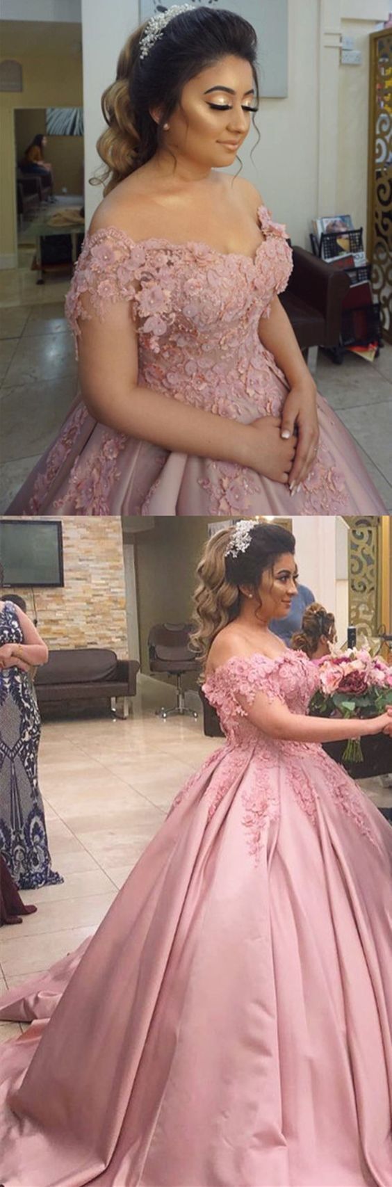 Charming Off Shoulder Pink Appliques Ball Gown Prom Dress cg13171