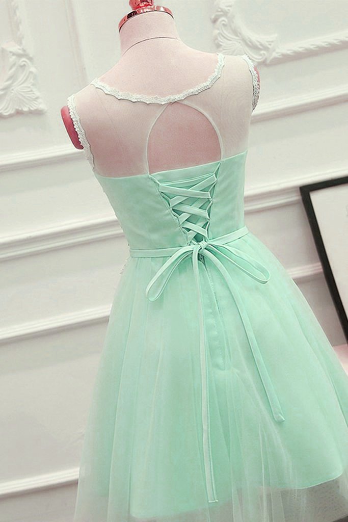 Cute Mint Green Tulle Short Party Dress With Lace Applique, Homecoming Dress cg13175