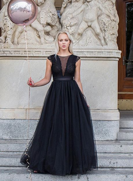 Black Prom Dress,A-Line Prom Gown,O-Neck Evening Dress,Tulle Prom Gown cg13180
