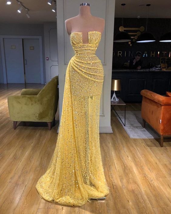 yellow evening dresses long high neck sparkly feather luxury bling evening gown formal prom dress cg13191